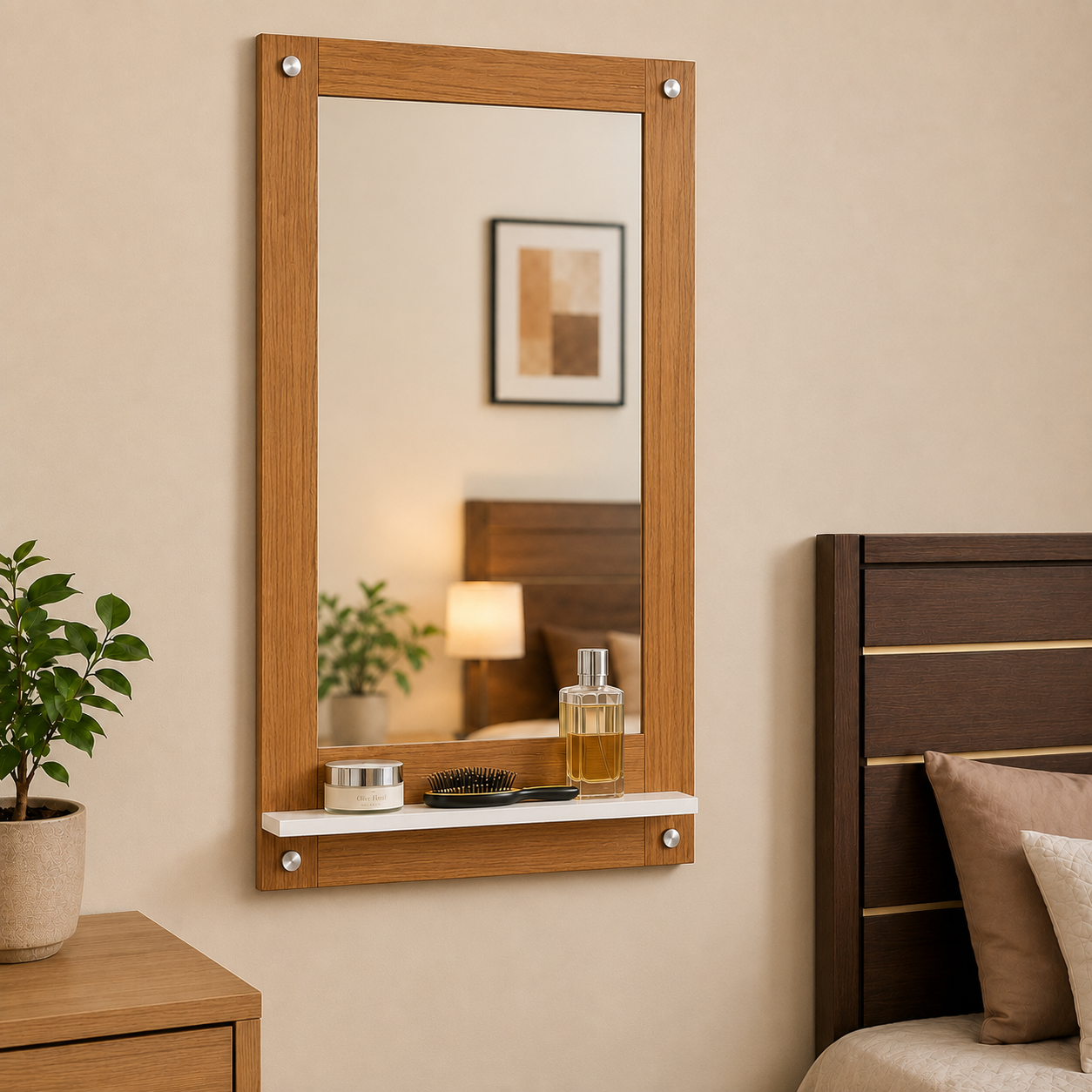 PEDPIX Wall Mounted Dressing Mirror with Storage Shelf | Wooden Bathroom & Bedroom Vanity Mirror | Engineered Wood | 72 x 40 cm