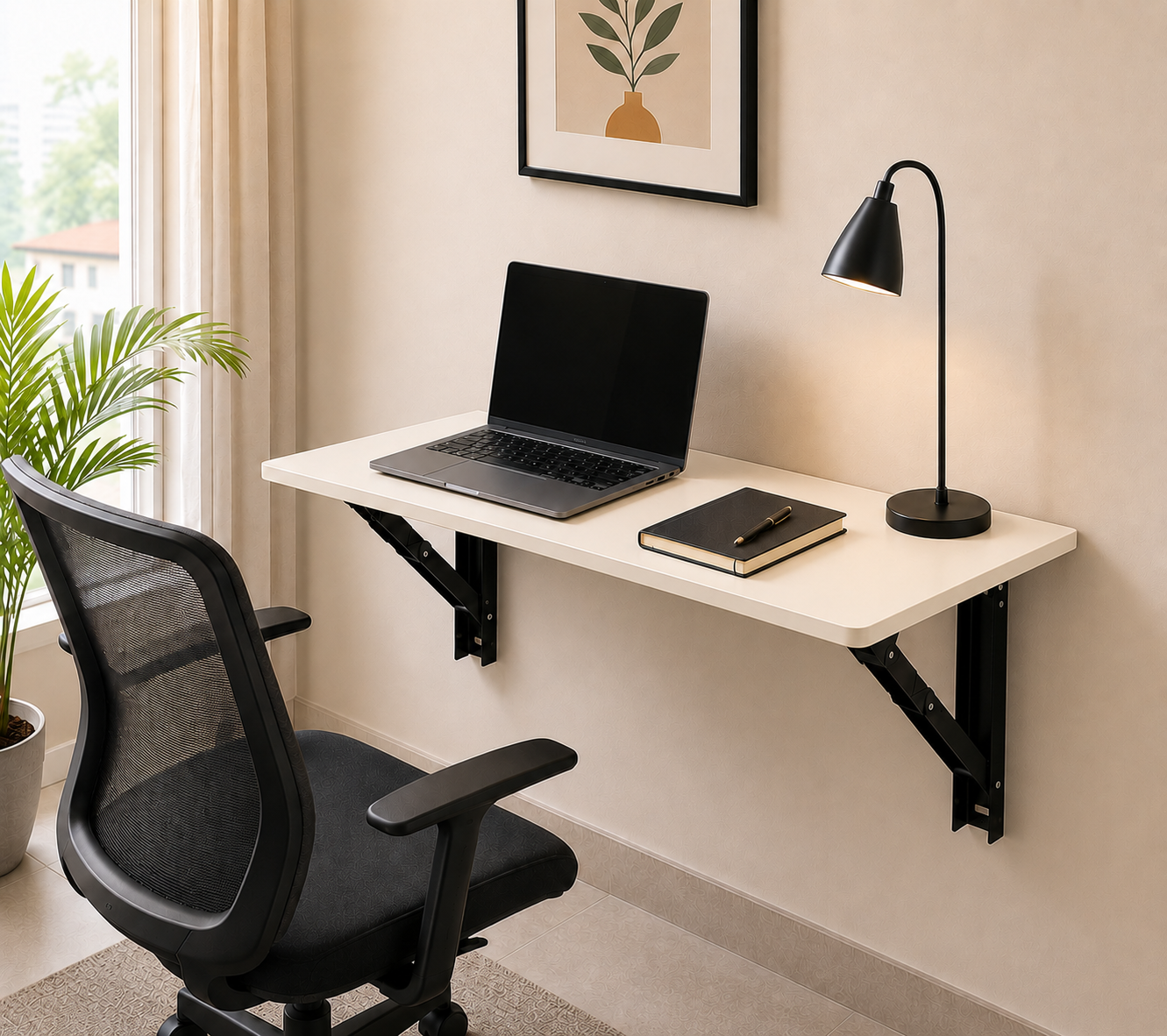 PEDPIX® Wall Mounted Folding Table | 80 × 40 cm | Cream | Space-Saving Foldable Wall Desk