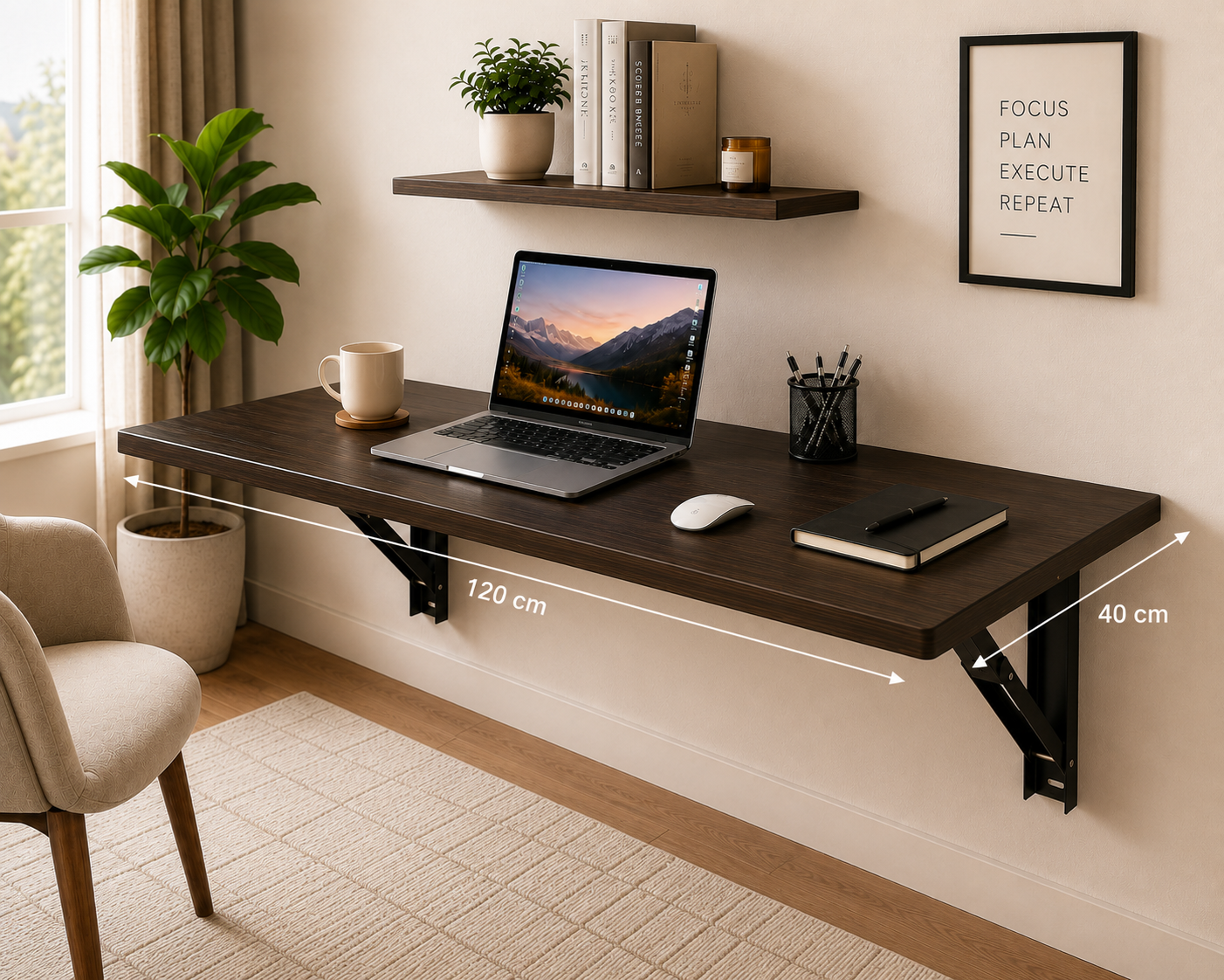 PEDPIX Wall-Mounted Folding Table 120 × 40 cm | Space-Saving Foldable Wall Desk | Engineered Wood | Study, Work & Dining Table
