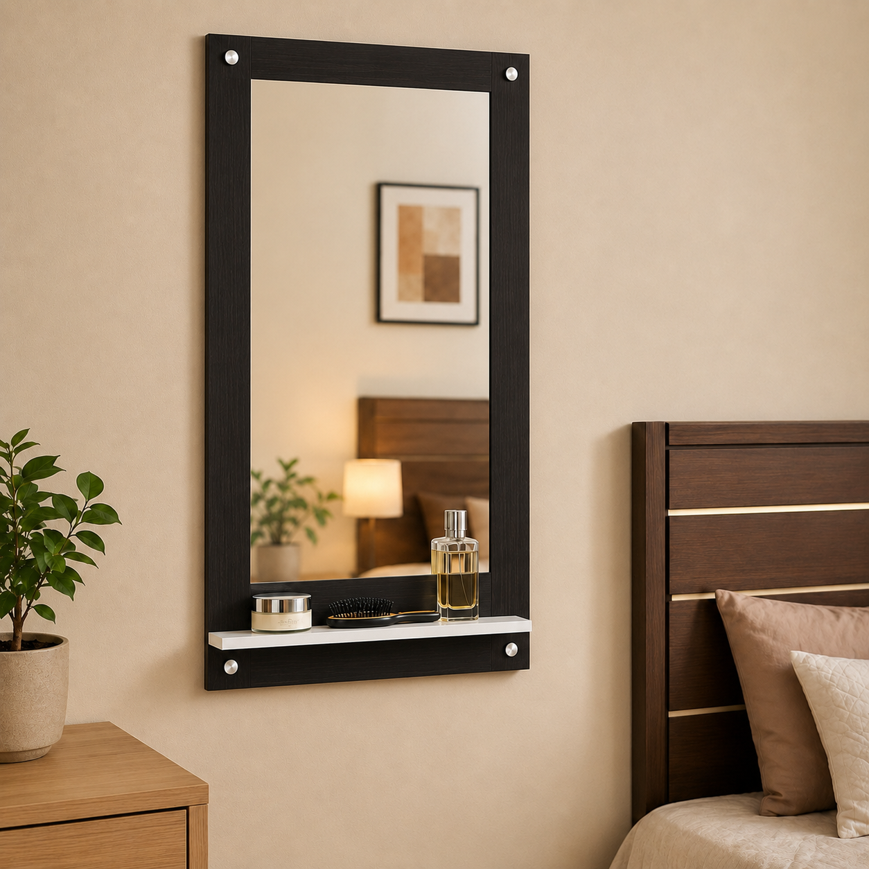 PEDPIX Wall Mounted Dressing Mirror with Storage Shelf | Wooden Bathroom & Bedroom Vanity Mirror | Engineered Wood | 72 x 40 cm