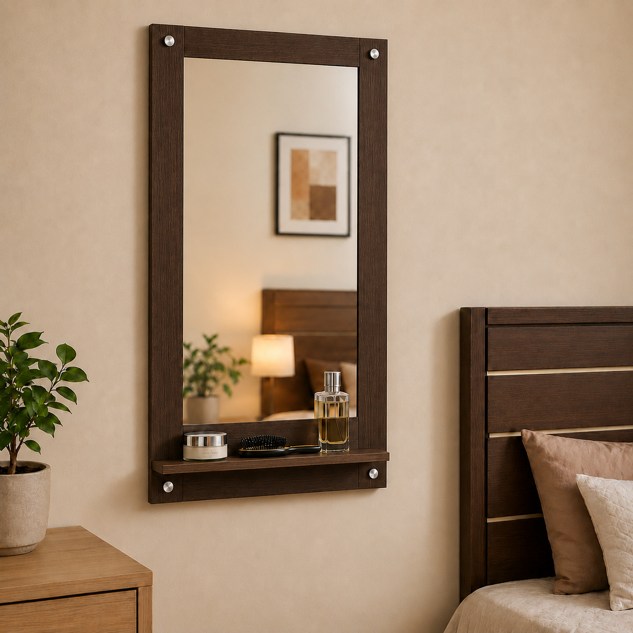 PEDPIX Wall Mounted Dressing Mirror with Storage Shelf | Wooden Bathroom & Bedroom Vanity Mirror | Engineered Wood | 72 x 40 cm