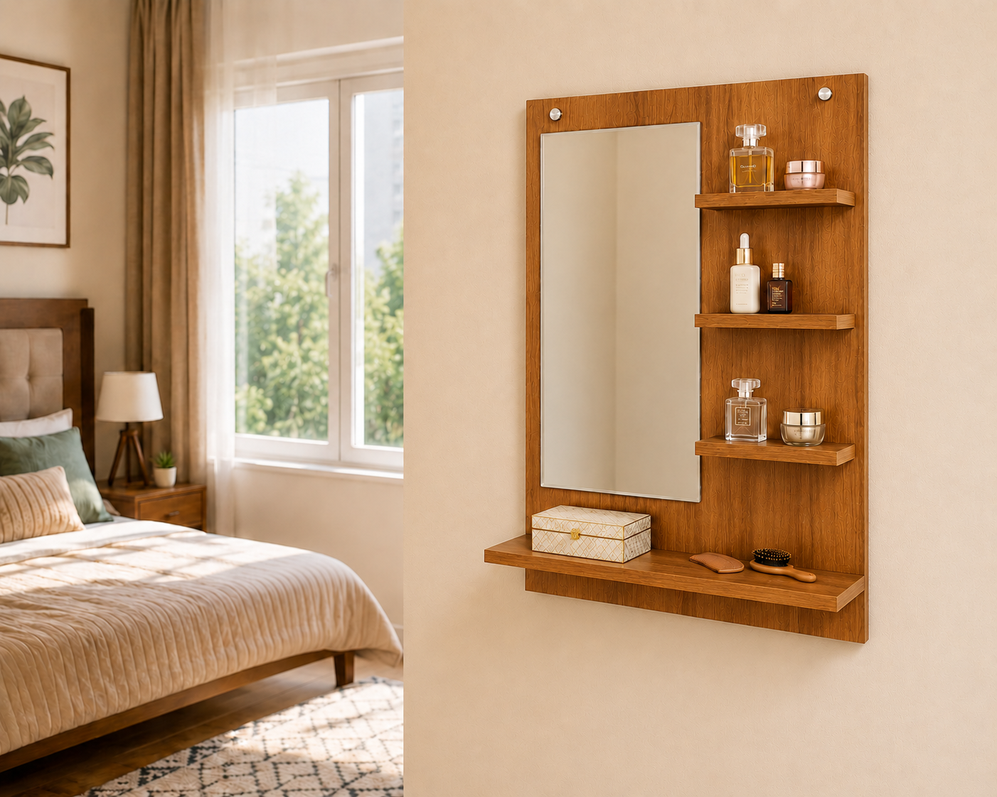 PEDPIX Wall-Mounted Dressing Mirror with Storage Shelves | 80 × 60 cm Space-Saving Vanity Mirror | Engineered Wood | Bedroom & Dressing Room Organizer