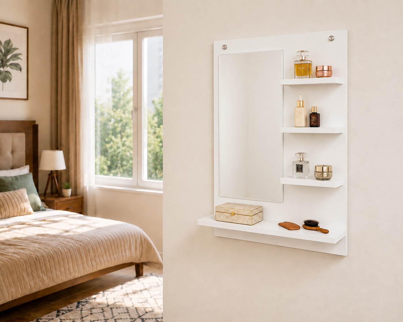 PEDPIX Wall-Mounted Dressing Mirror with Storage Shelves | 80 × 60 cm Space-Saving Vanity Mirror | Engineered Wood | Bedroom & Dressing Room Organizer