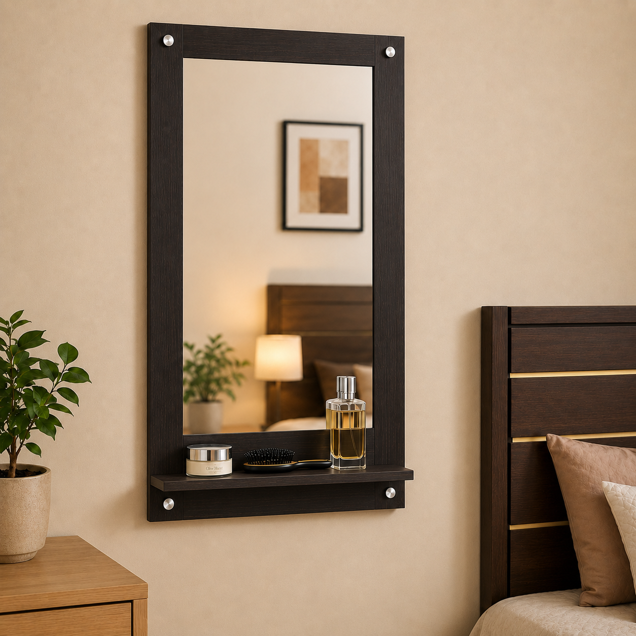 PEDPIX Wall Mounted Dressing Mirror with Storage Shelf | Wooden Bathroom & Bedroom Vanity Mirror | Engineered Wood | 72 x 40 cm
