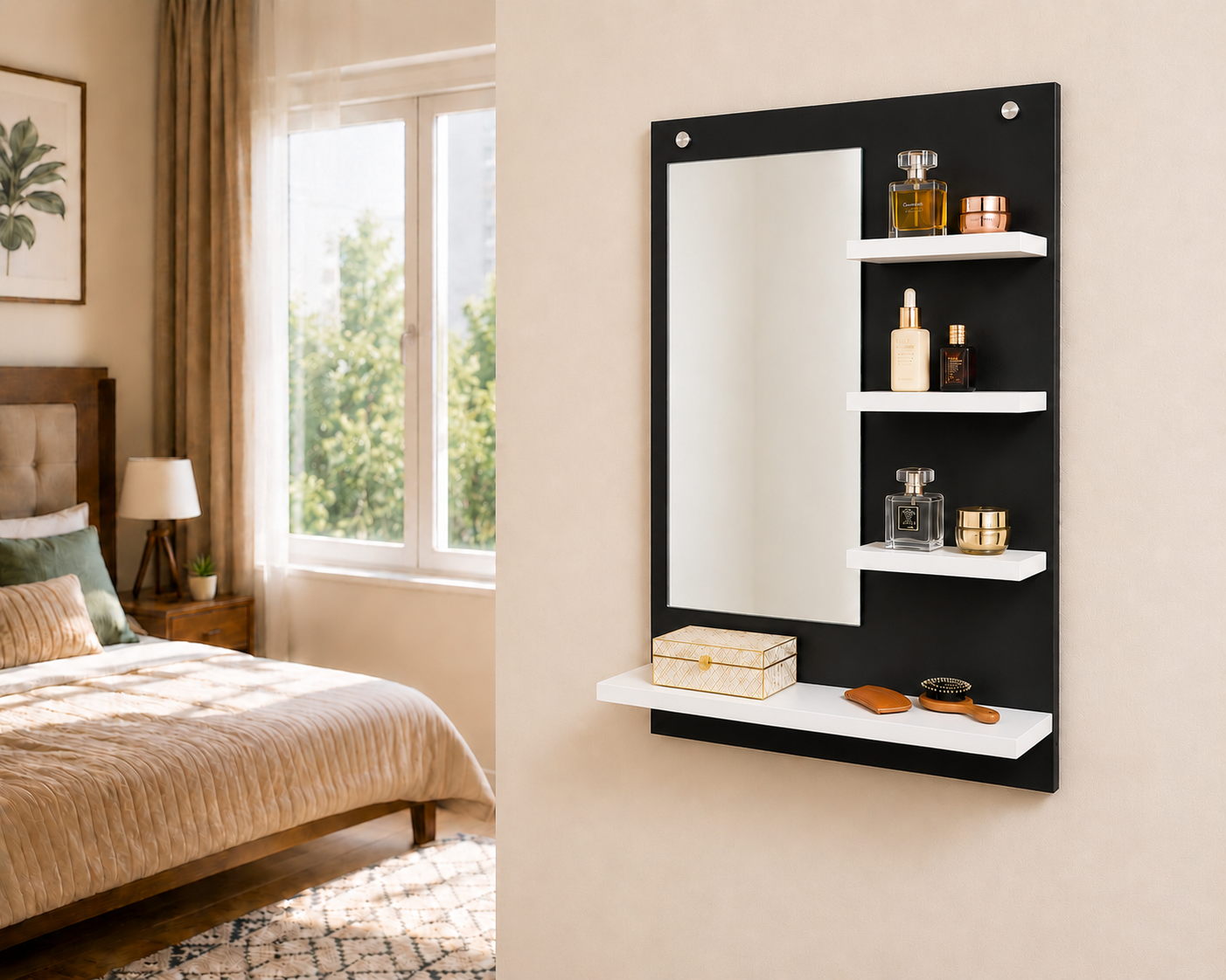 PEDPIX Wall-Mounted Dressing Mirror with Storage Shelves | 80 × 60 cm Space-Saving Vanity Mirror | Engineered Wood | Bedroom & Dressing Room Organizer