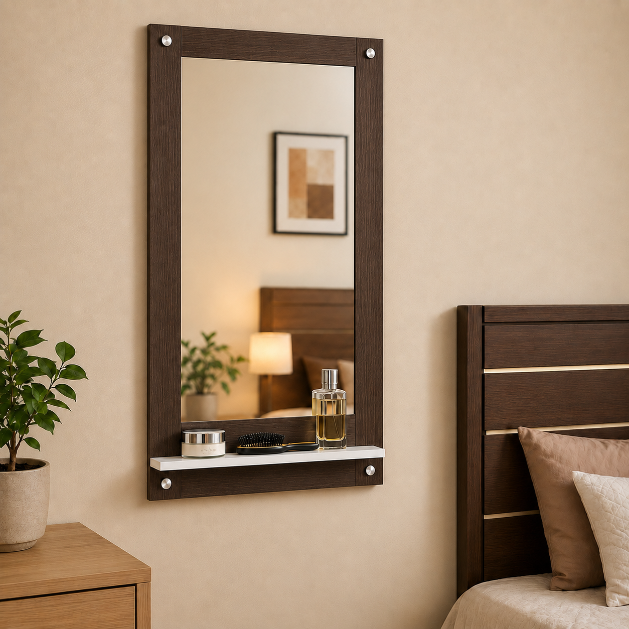 PEDPIX Wall Mounted Dressing Mirror with Storage Shelf | Wooden Bathroom & Bedroom Vanity Mirror | Engineered Wood | 72 x 40 cm