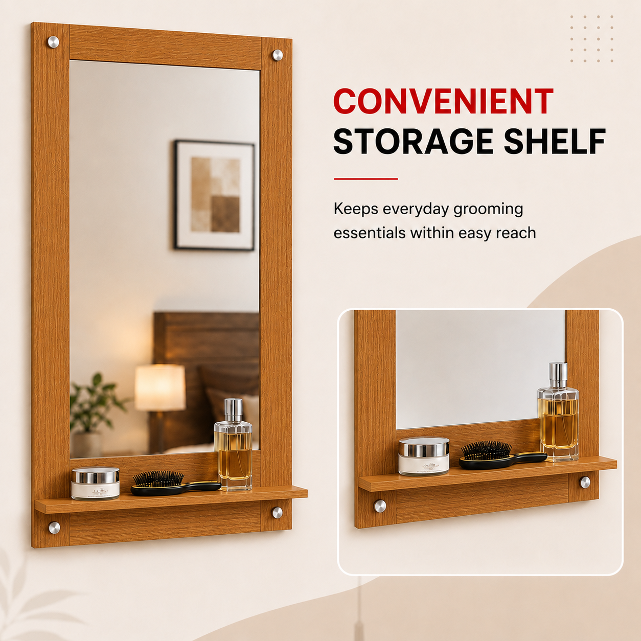 PEDPIX Wall Mounted Dressing Mirror with Storage Shelf | Wooden Bathroom & Bedroom Vanity Mirror | Engineered Wood | 72 x 40 cm