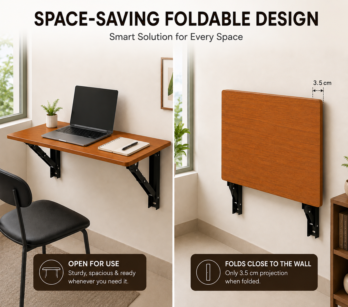 PEDPIX Wall Mounted Folding Table 80 × 40 cm – Teak | Space-Saving Foldable Wall Desk