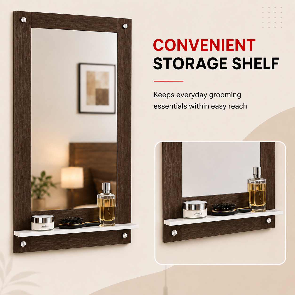PEDPIX Wall Mounted Dressing Mirror with Storage Shelf | Wooden Bathroom & Bedroom Vanity Mirror | Engineered Wood | 72 x 40 cm