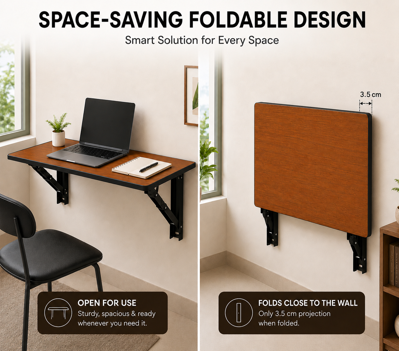PEDPIX® Wall Mounted Folding Table | 80 × 40 cm | Teak Venge | Foldable Wall-Mounted Desk