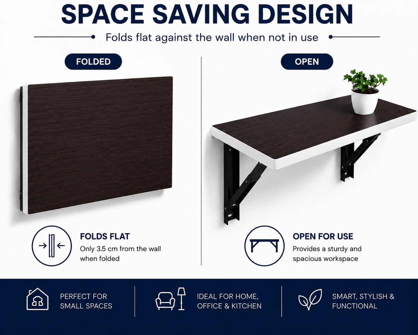 PEDPIX Wall-Mounted Folding Table 120 × 40 cm | Space-Saving Foldable Wall Desk | Engineered Wood | Study, Work & Dining Table