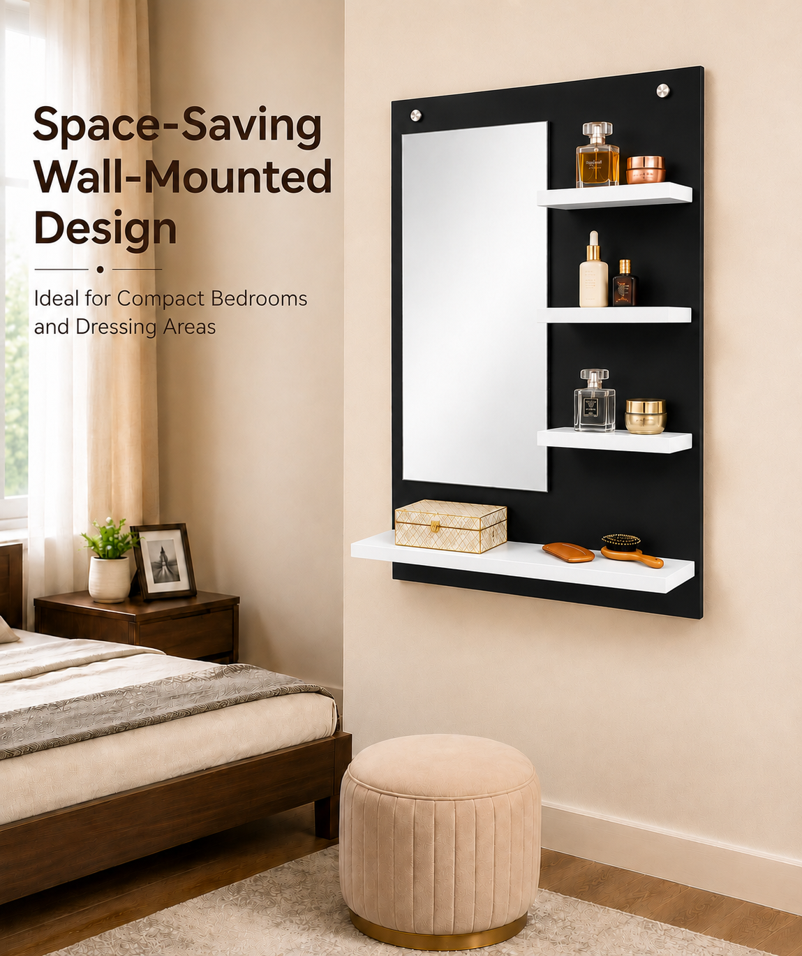 PEDPIX Wall-Mounted Dressing Mirror with Storage Shelves | 80 × 60 cm Space-Saving Vanity Mirror | Engineered Wood | Bedroom & Dressing Room Organizer