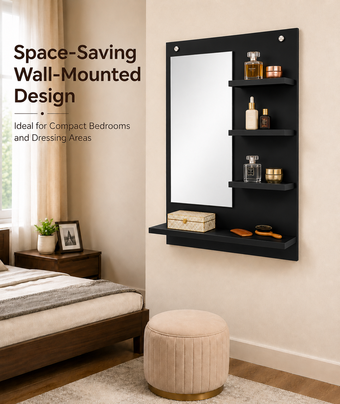 PEDPIX Wall-Mounted Dressing Mirror with Storage Shelves | 80 × 60 cm Space-Saving Vanity Mirror | Engineered Wood | Bedroom & Dressing Room Organizer