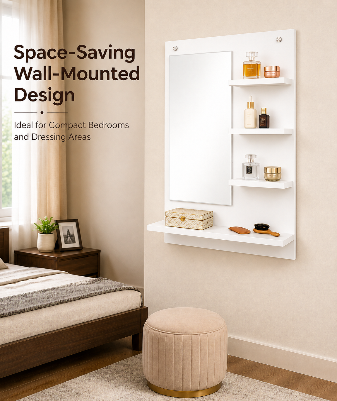 PEDPIX Wall-Mounted Dressing Mirror with Storage Shelves | 80 × 60 cm Space-Saving Vanity Mirror | Engineered Wood | Bedroom & Dressing Room Organizer