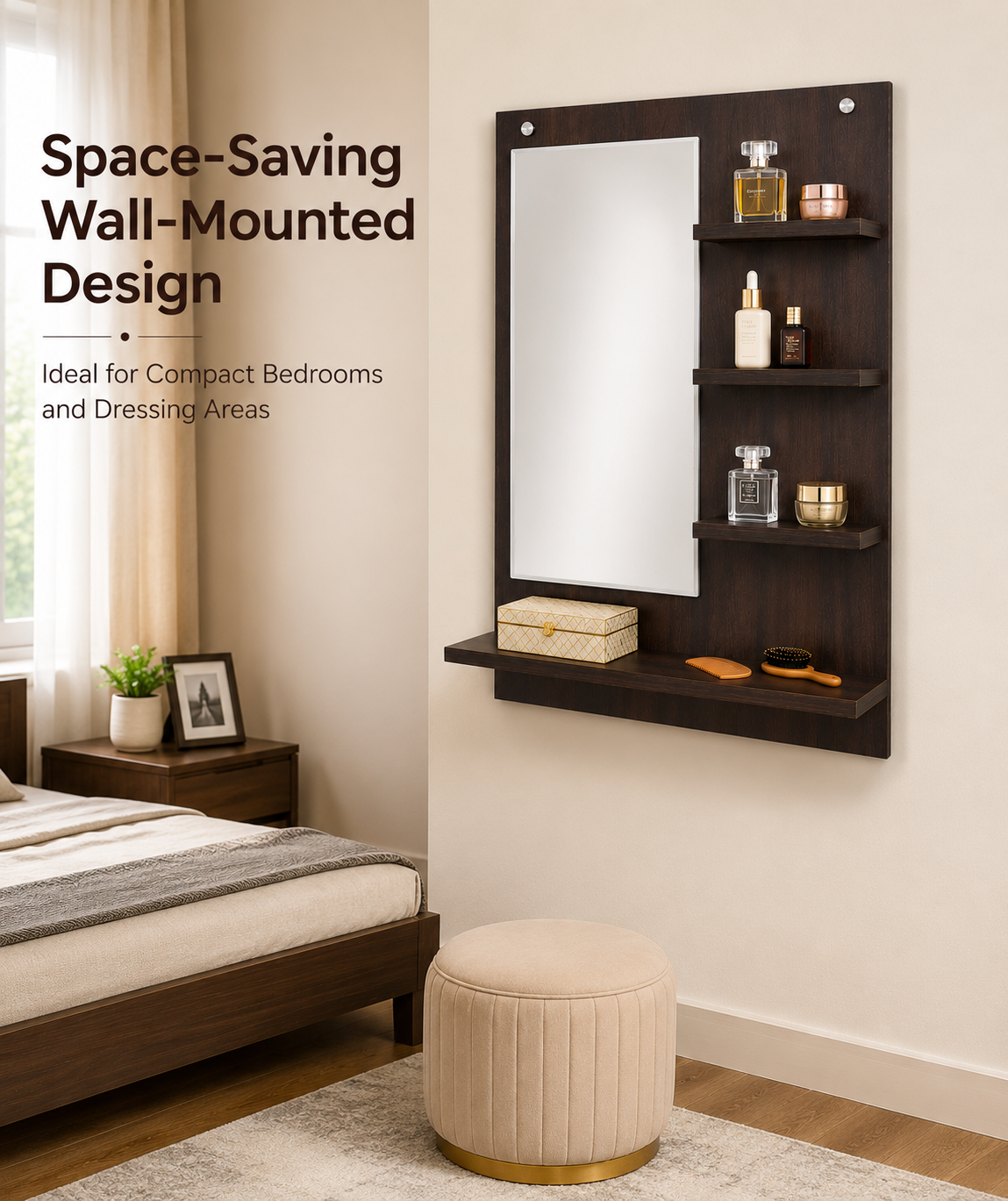 PEDPIX Wall-Mounted Dressing Mirror with Storage Shelves | 80 × 60 cm Space-Saving Vanity Mirror | Engineered Wood | Bedroom & Dressing Room Organizer