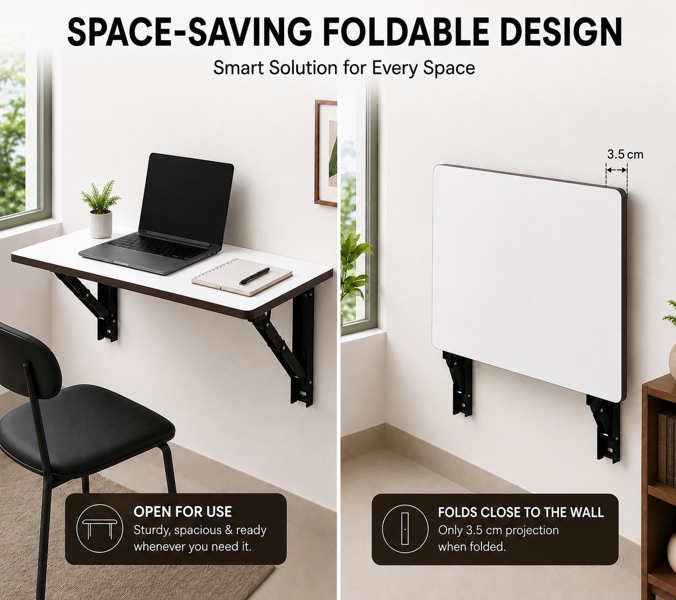 PEDPIX Wall Mounted Folding Table 80 × 40 cm – White Venge | Foldable Space-Saving Wall Desk