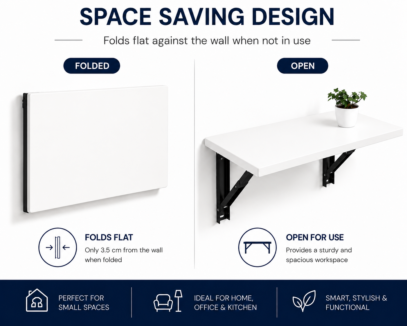 PEDPIX Wall-Mounted Folding Table 120 × 40 cm | Space-Saving Foldable Wall Desk | Engineered Wood | Study, Work & Dining Table