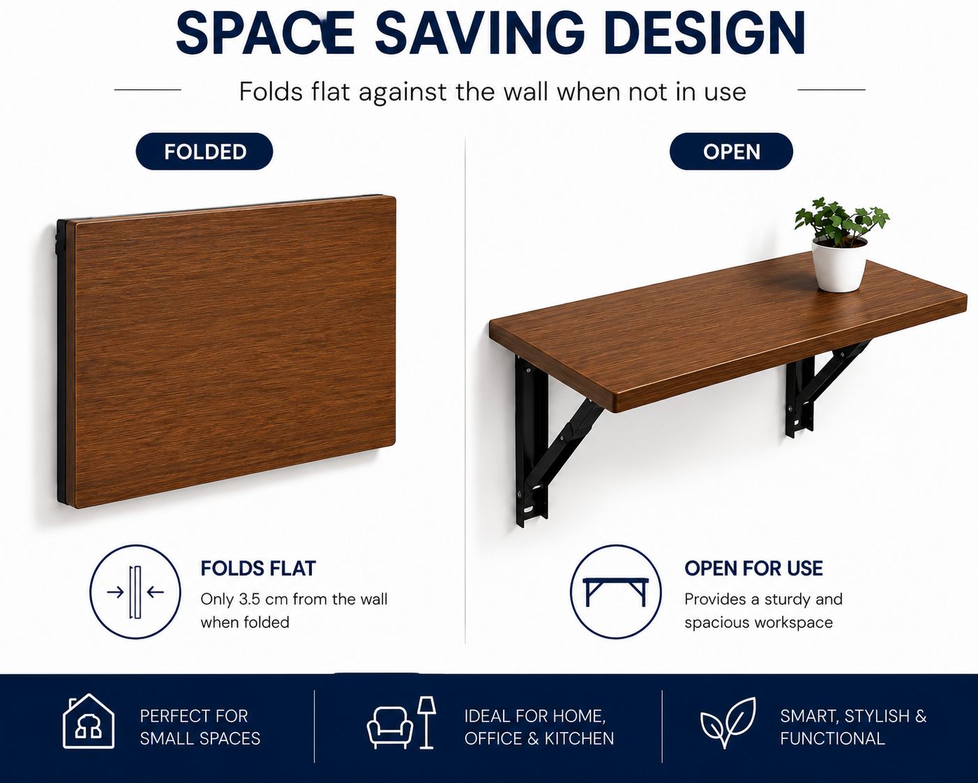 PEDPIX Wall-Mounted Folding Table 120 × 40 cm | Space-Saving Foldable Wall Desk | Engineered Wood | Study, Work & Dining Table