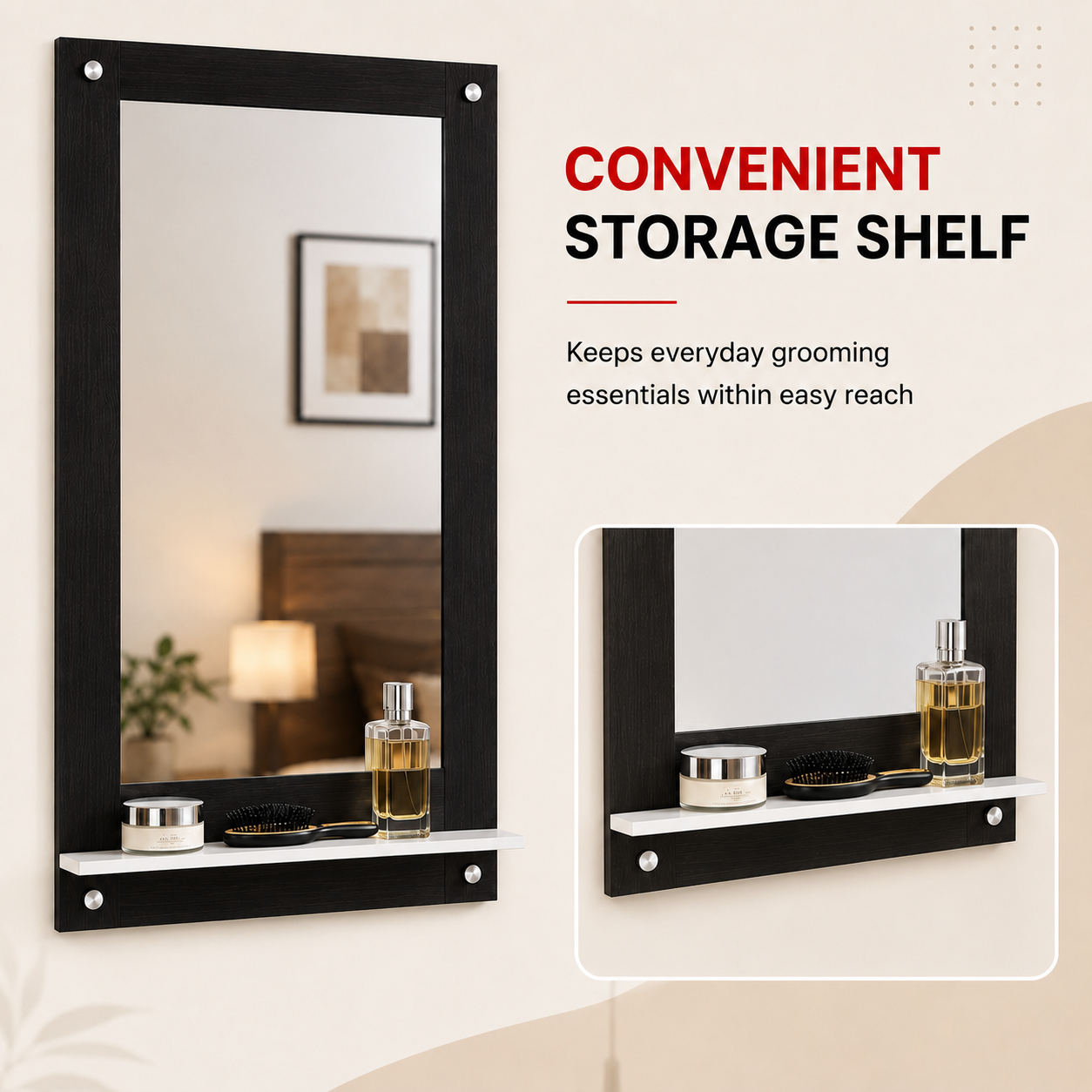 PEDPIX Wall Mounted Dressing Mirror with Storage Shelf | Wooden Bathroom & Bedroom Vanity Mirror | Engineered Wood | 72 x 40 cm