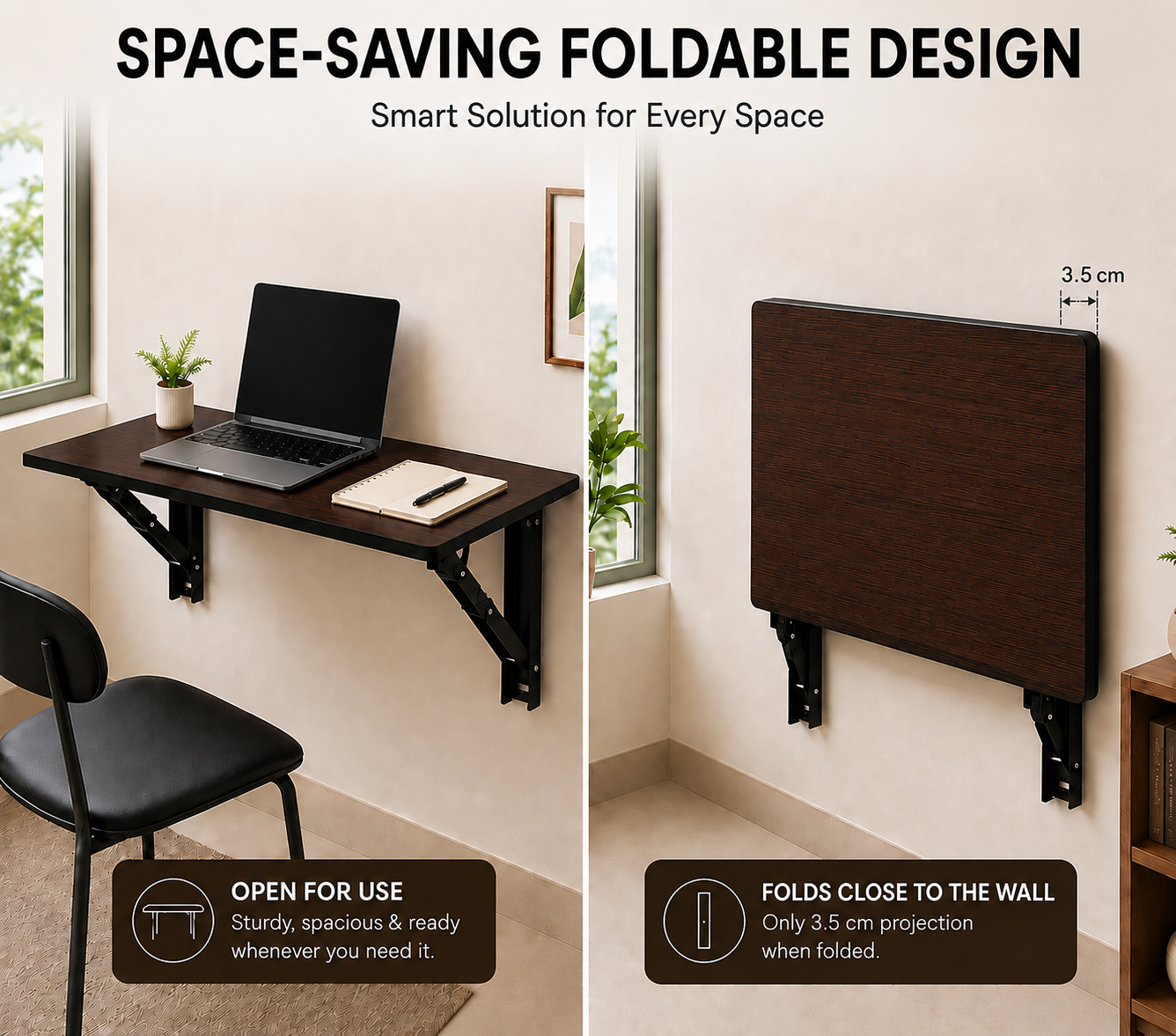 PEDPIX® Wall Mounted Folding Table | 80 × 40 cm | Coffee Venge | Space-Saving Foldable Wall Desk