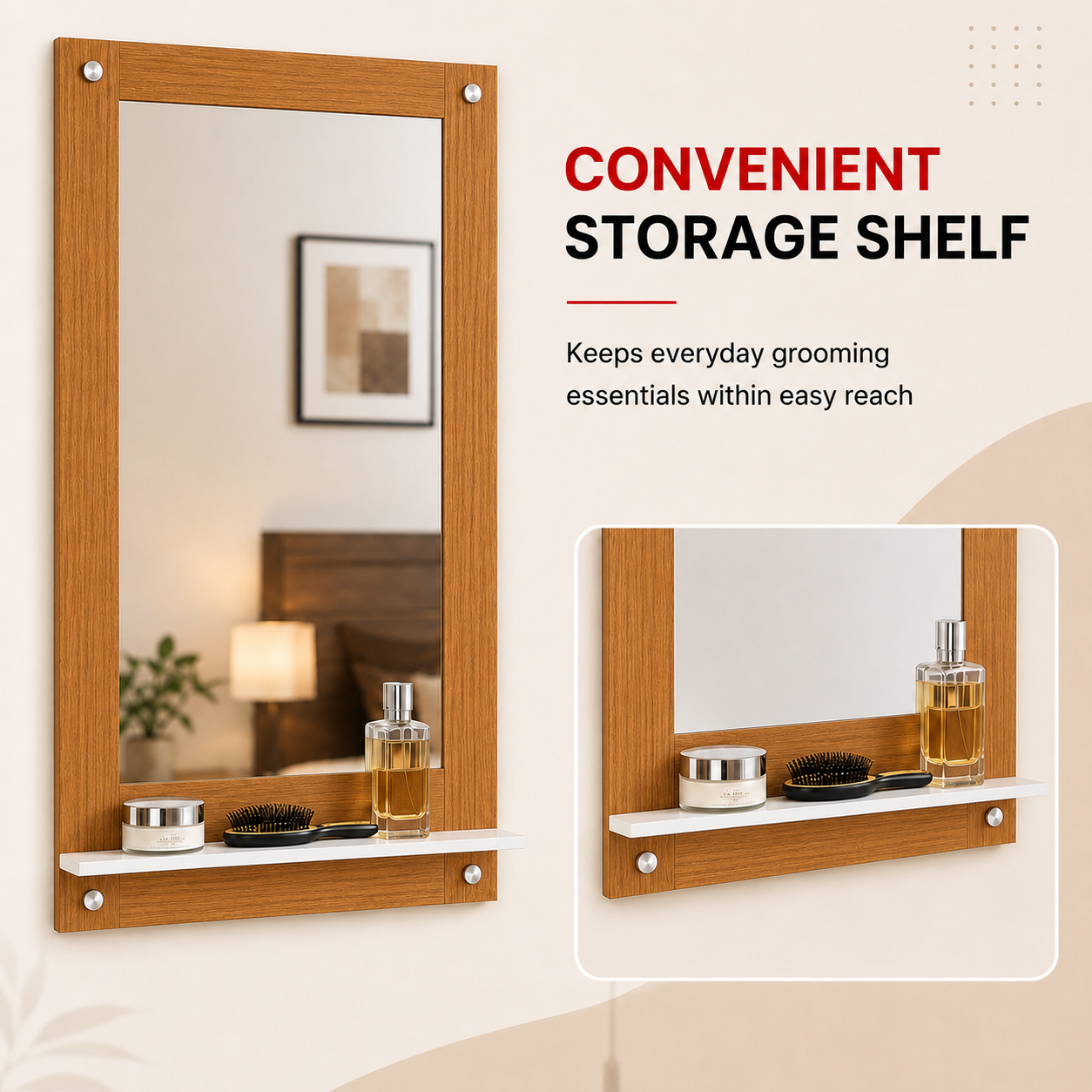 PEDPIX Wall Mounted Dressing Mirror with Storage Shelf | Wooden Bathroom & Bedroom Vanity Mirror | Engineered Wood | 72 x 40 cm