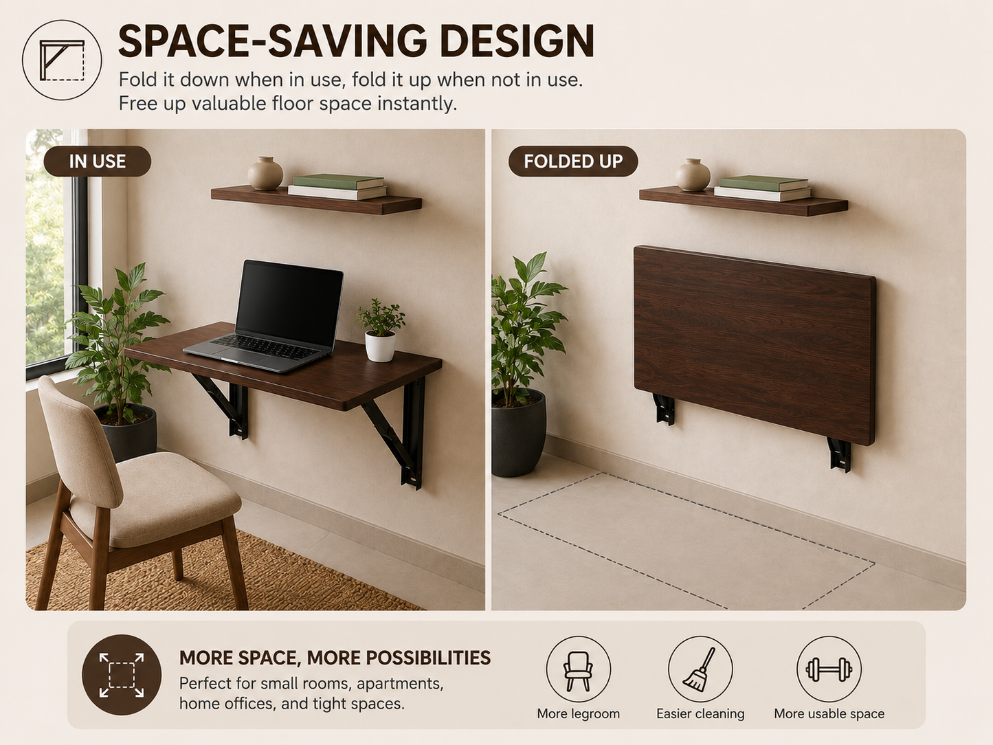 PEDPIX Wall-Mounted Folding Study Table – 60 × 40 cm | Space-Saving Foldable Laptop Desk for Home, Office & Small Rooms | Dark Brown