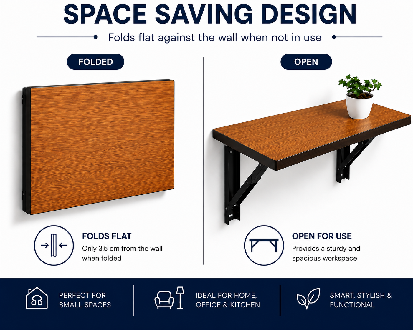 PEDPIX Wall-Mounted Folding Table 120 × 40 cm | Space-Saving Foldable Wall Desk | Engineered Wood | Study, Work & Dining Table