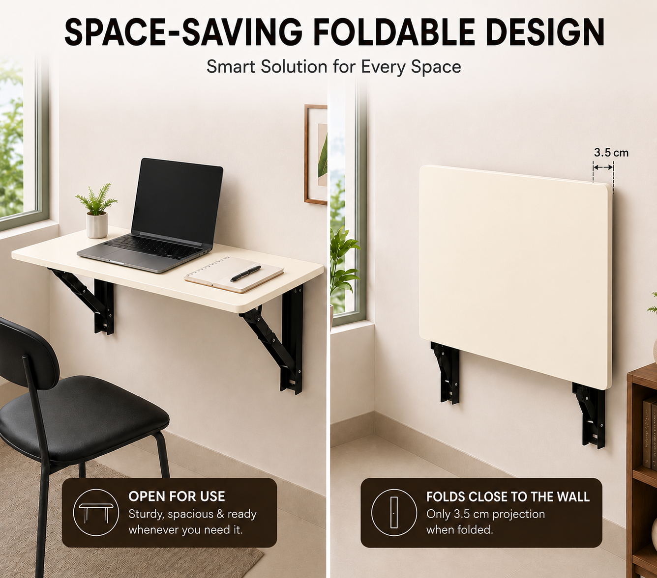 PEDPIX® Wall Mounted Folding Table | 80 × 40 cm | Cream | Space-Saving Foldable Wall Desk