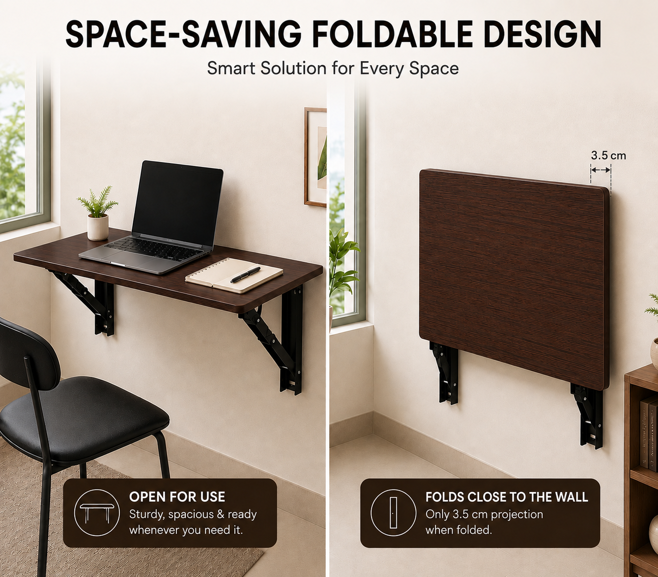 PEDPIX® Wall Mounted Folding Table – 80 × 40 cm | Space-Saving Foldable Wall Desk | Venge