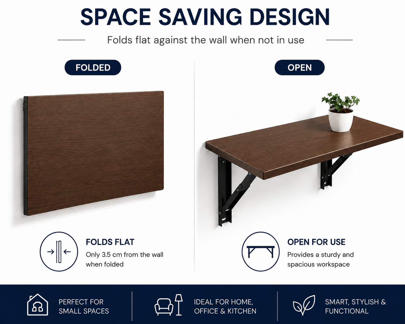 PEDPIX Wall-Mounted Folding Table 120 × 40 cm | Space-Saving Foldable Wall Desk | Engineered Wood | Study, Work & Dining Table