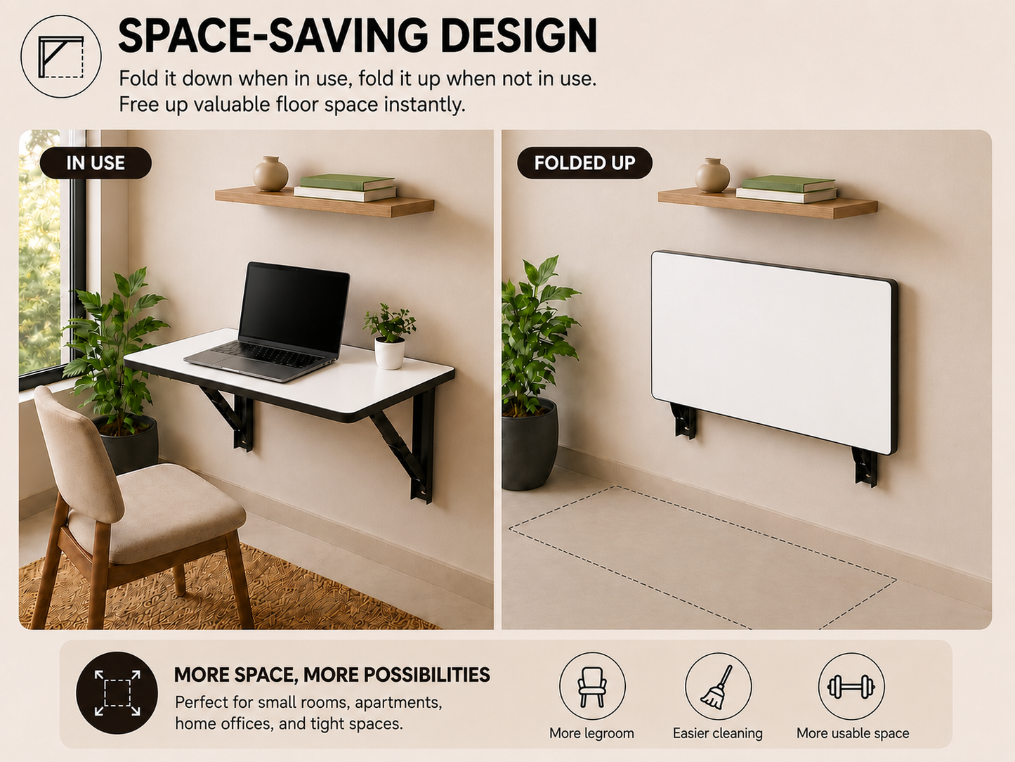 PEDPIX Wall-Mounted Folding Study Table – 60 × 40 cm | Space-Saving Foldable Laptop Desk for Home, Office & Small Rooms | Dark Brown