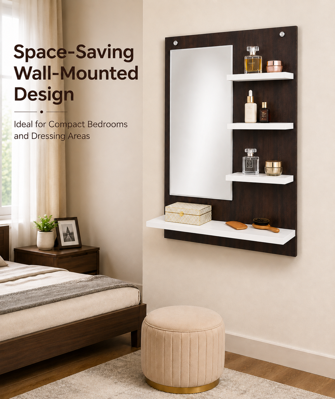 PEDPIX Wall-Mounted Dressing Mirror with Storage Shelves | 80 × 60 cm Space-Saving Vanity Mirror | Engineered Wood | Bedroom & Dressing Room Organizer