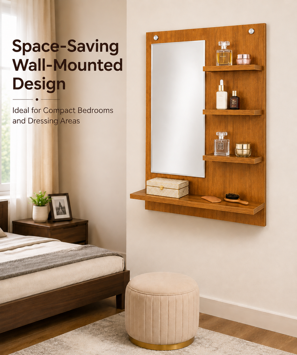 PEDPIX Wall-Mounted Dressing Mirror with Storage Shelves | 80 × 60 cm Space-Saving Vanity Mirror | Engineered Wood | Bedroom & Dressing Room Organizer