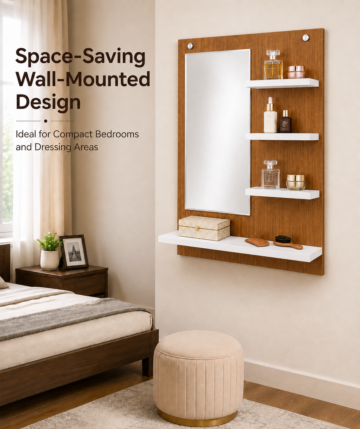 PEDPIX Wall-Mounted Dressing Mirror with Storage Shelves | 80 × 60 cm Space-Saving Vanity Mirror | Engineered Wood | Bedroom & Dressing Room Organizer