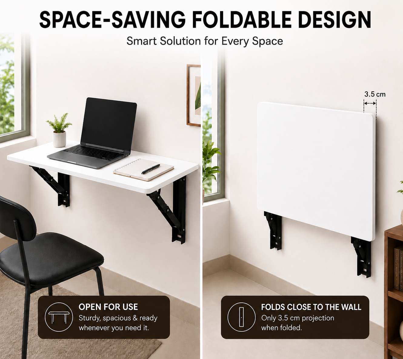 PEDPIX Wall Mounted Folding Table 80 × 40 cm – White | Foldable Space-Saving Wall Desk