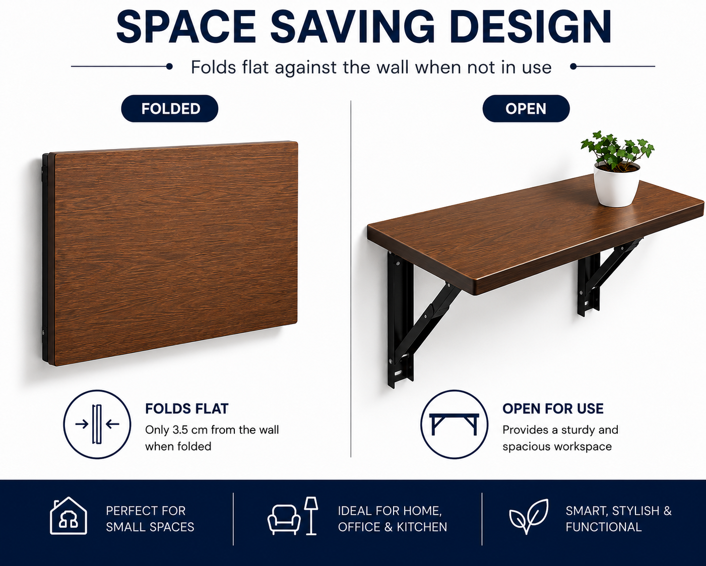 PEDPIX Wall-Mounted Folding Table 120 × 40 cm | Space-Saving Foldable Wall Desk | Engineered Wood | Study, Work & Dining Table