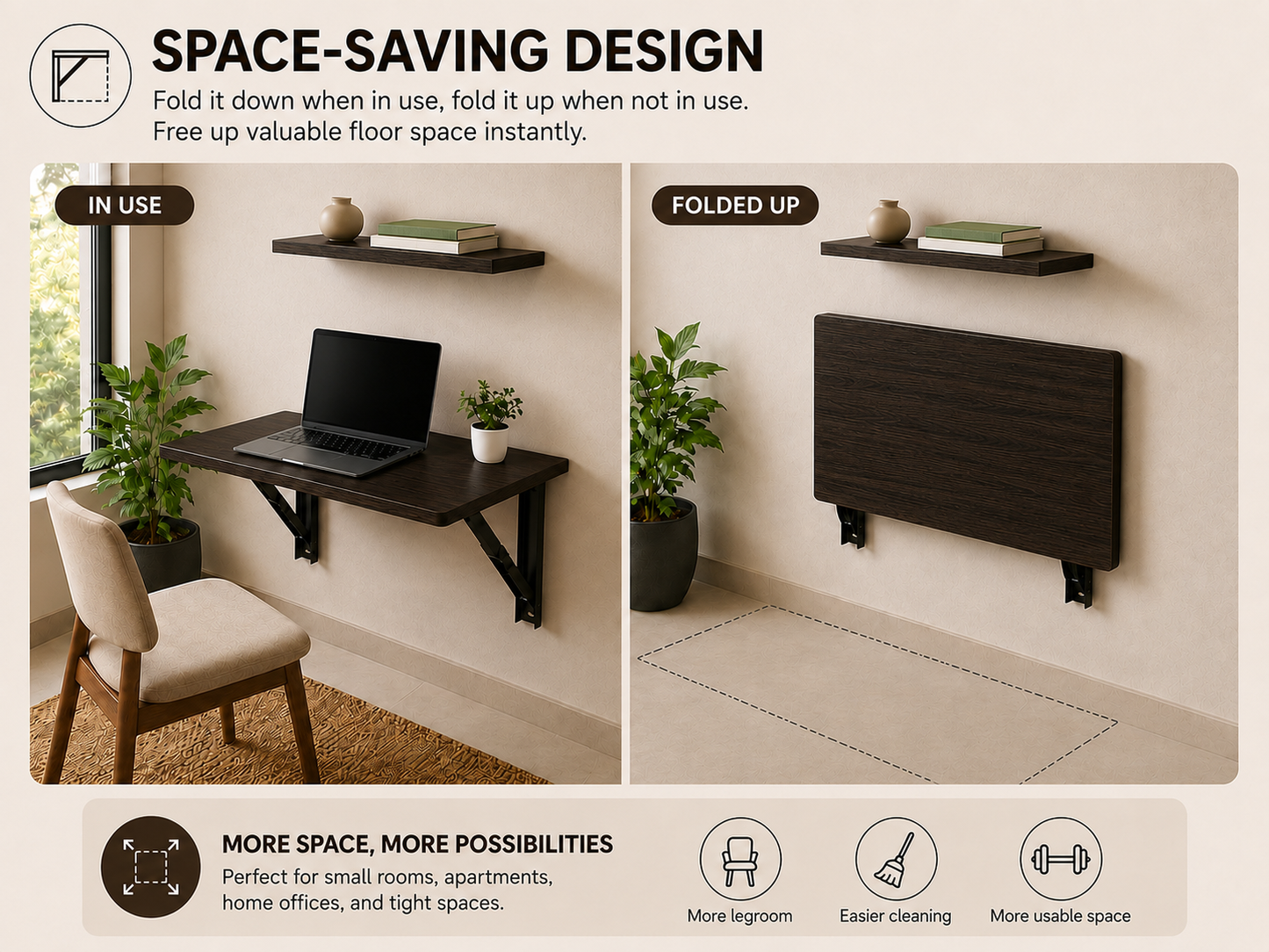 PEDPIX Wall Mounted Foldable Table | Venge Finish | 120 × 40 cm Foldable Wall Desk | Heavy Duty Wall Mounted Study Table | Space Saving Workstation