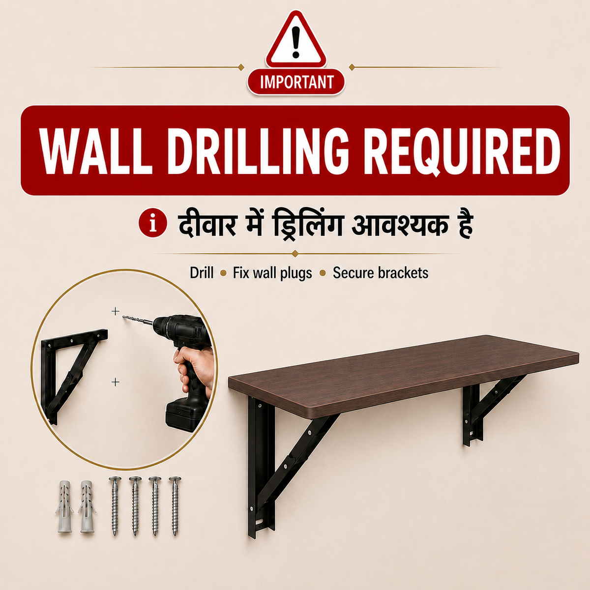 PEDPIX Wall Mounted Folding Table 100 × 40 cm | Space-Saving Foldable Table | Study, Work & Multipurpose Table