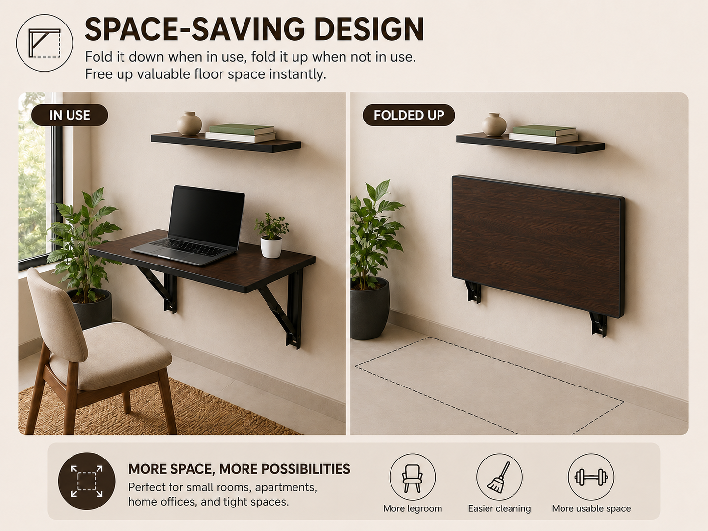 PEDPIX Wall-Mounted Folding Study Table – 60 × 40 cm | Space-Saving Foldable Laptop Desk for Home, Office & Small Rooms | Dark Brown