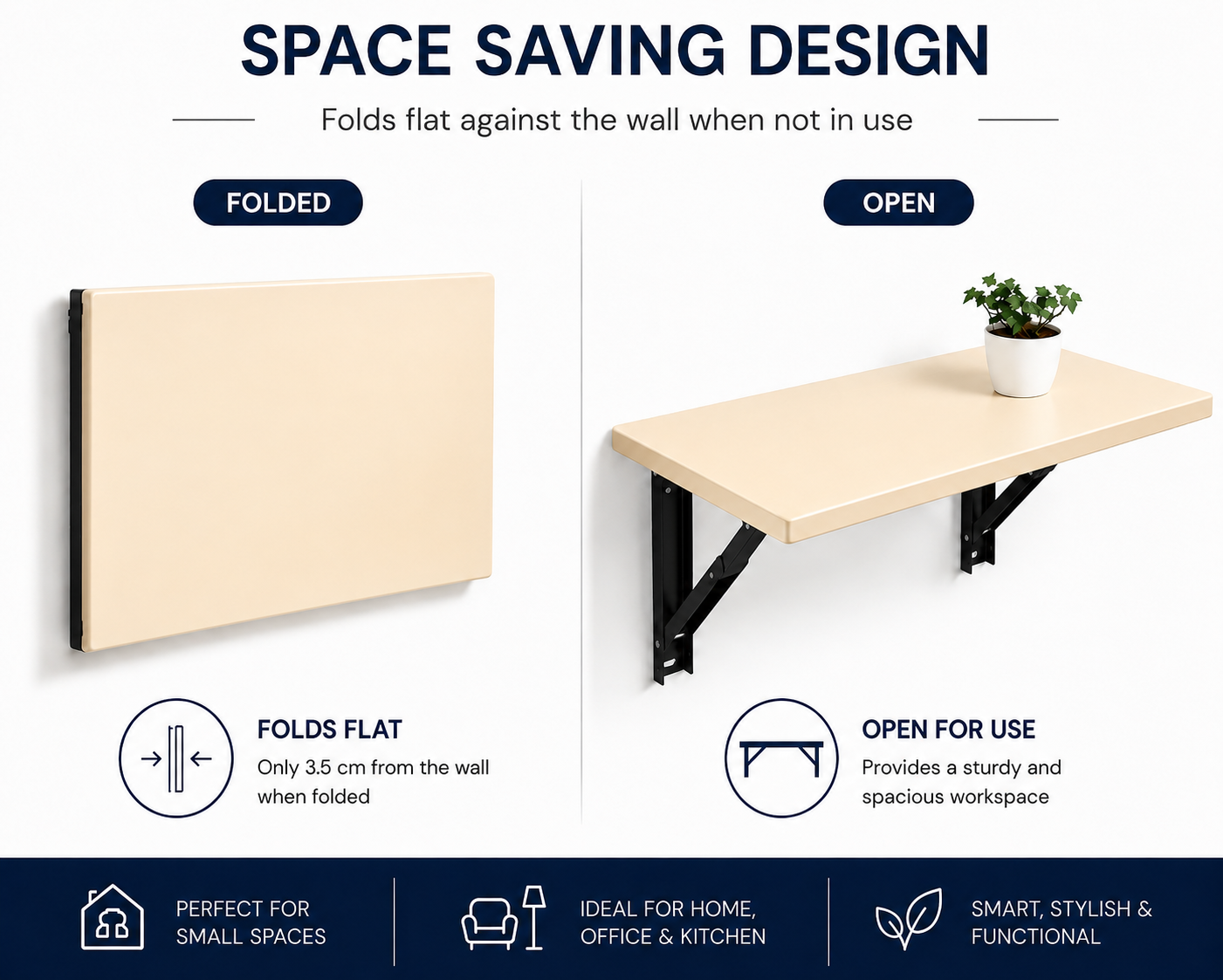 PEDPIX Wall-Mounted Folding Table 120 × 40 cm | Space-Saving Foldable Wall Desk | Engineered Wood | Study, Work & Dining Table