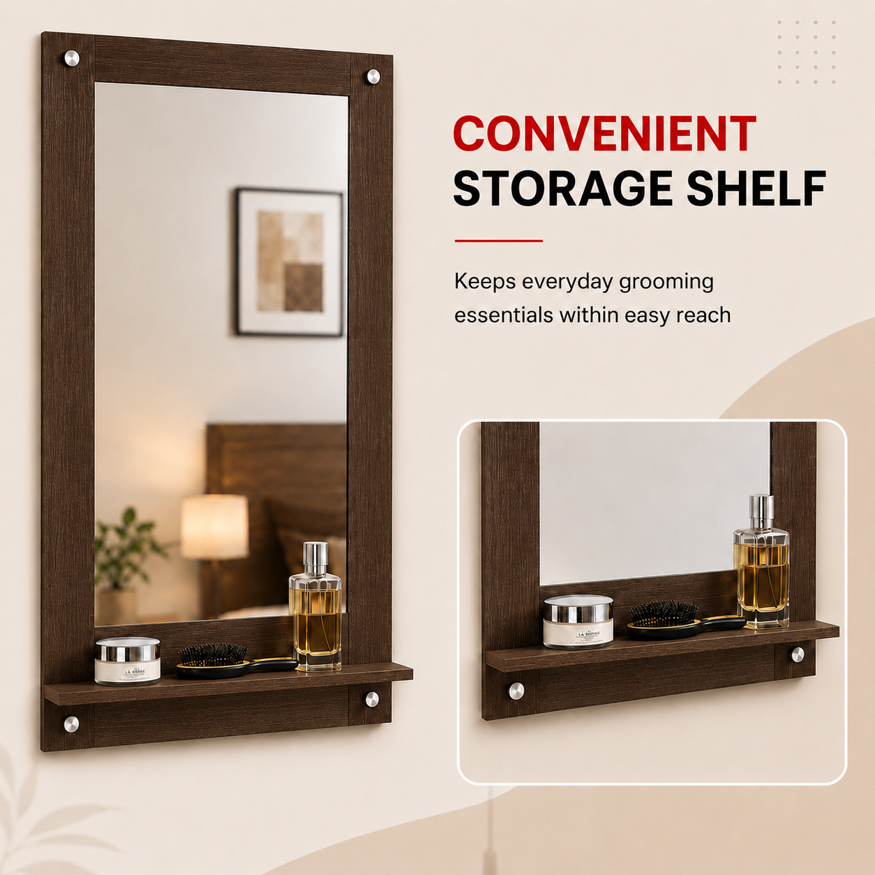 PEDPIX Wall Mounted Dressing Mirror with Storage Shelf | Wooden Bathroom & Bedroom Vanity Mirror | Engineered Wood | 72 x 40 cm