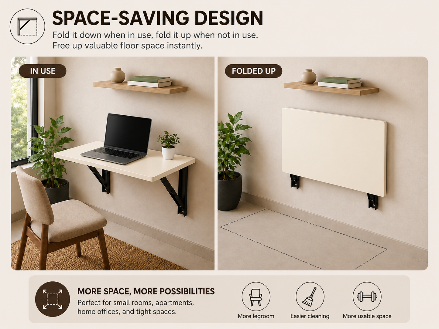 PEDPIX Wall Mounted Folding Table | Cream | Foldable Space-Saving Wall Desk | 60 × 40 cm