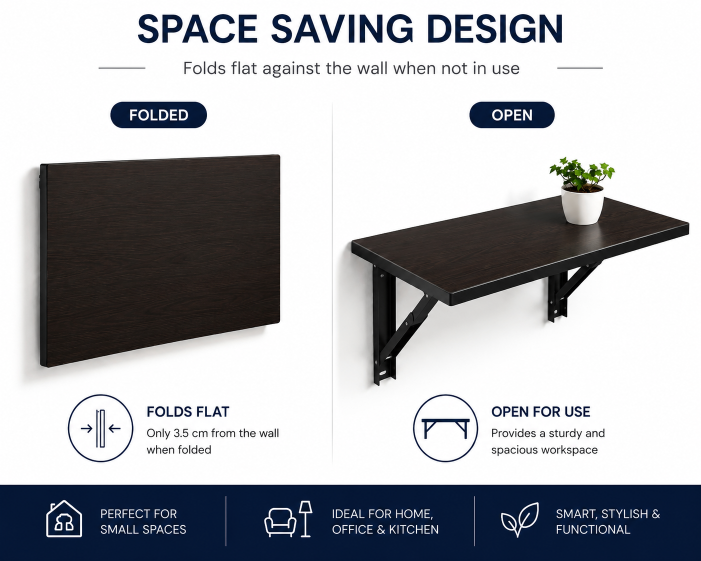 PEDPIX Wall-Mounted Folding Table 120 × 40 cm | Space-Saving Foldable Wall Desk | Engineered Wood | Study, Work & Dining Table