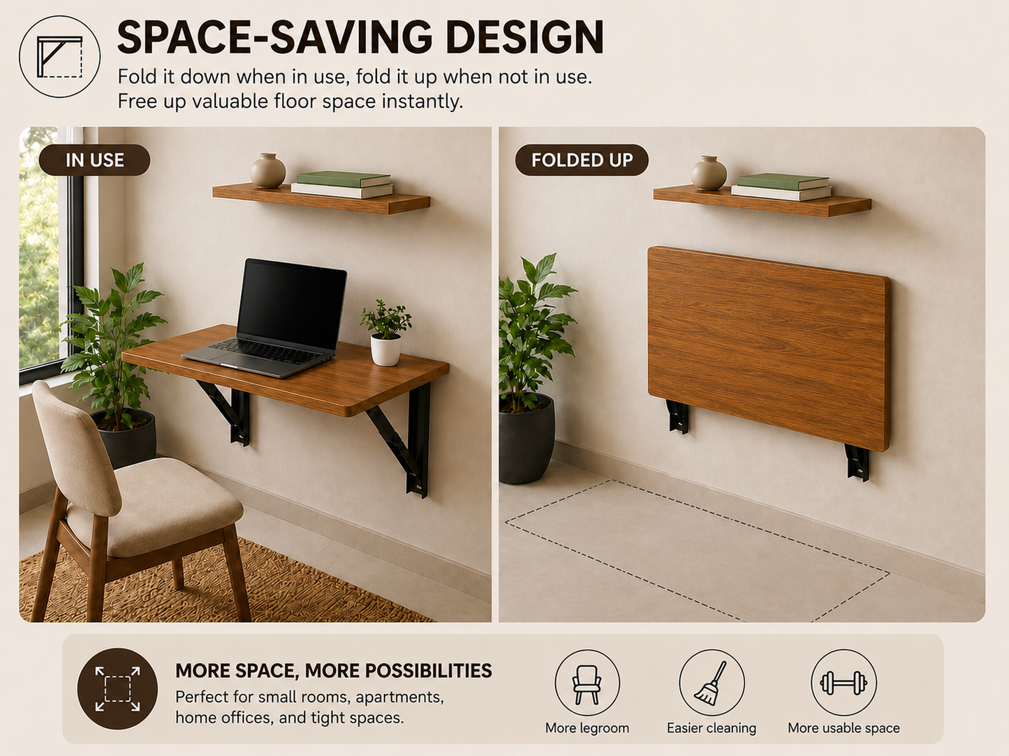 PEDPIX Wall-Mounted Folding Table | Space-Saving Foldable Wall Desk | 60 × 40 cm – Teak