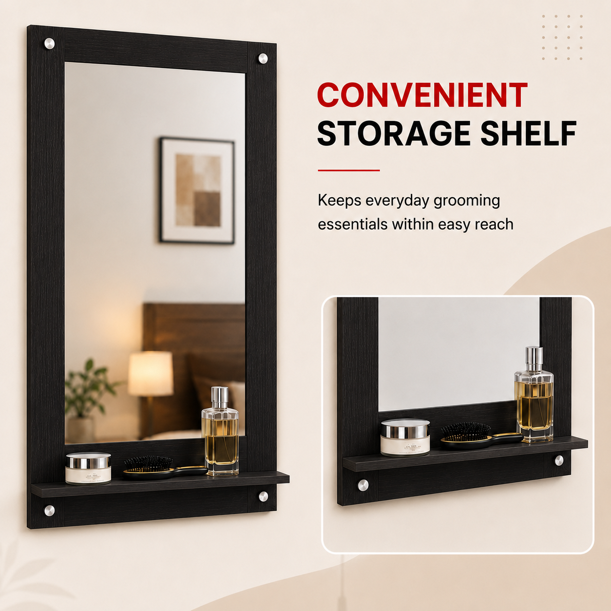 PEDPIX Wall Mounted Dressing Mirror with Storage Shelf | Wooden Bathroom & Bedroom Vanity Mirror | Engineered Wood | 72 x 40 cm