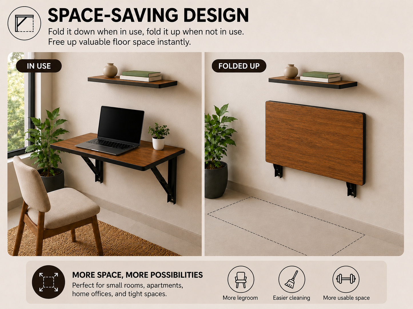 PEDPIX Wall-Mounted Folding Study Table – 60 × 40 cm | Space-Saving Foldable Laptop Desk for Home, Office & Small Rooms | Dark Brown