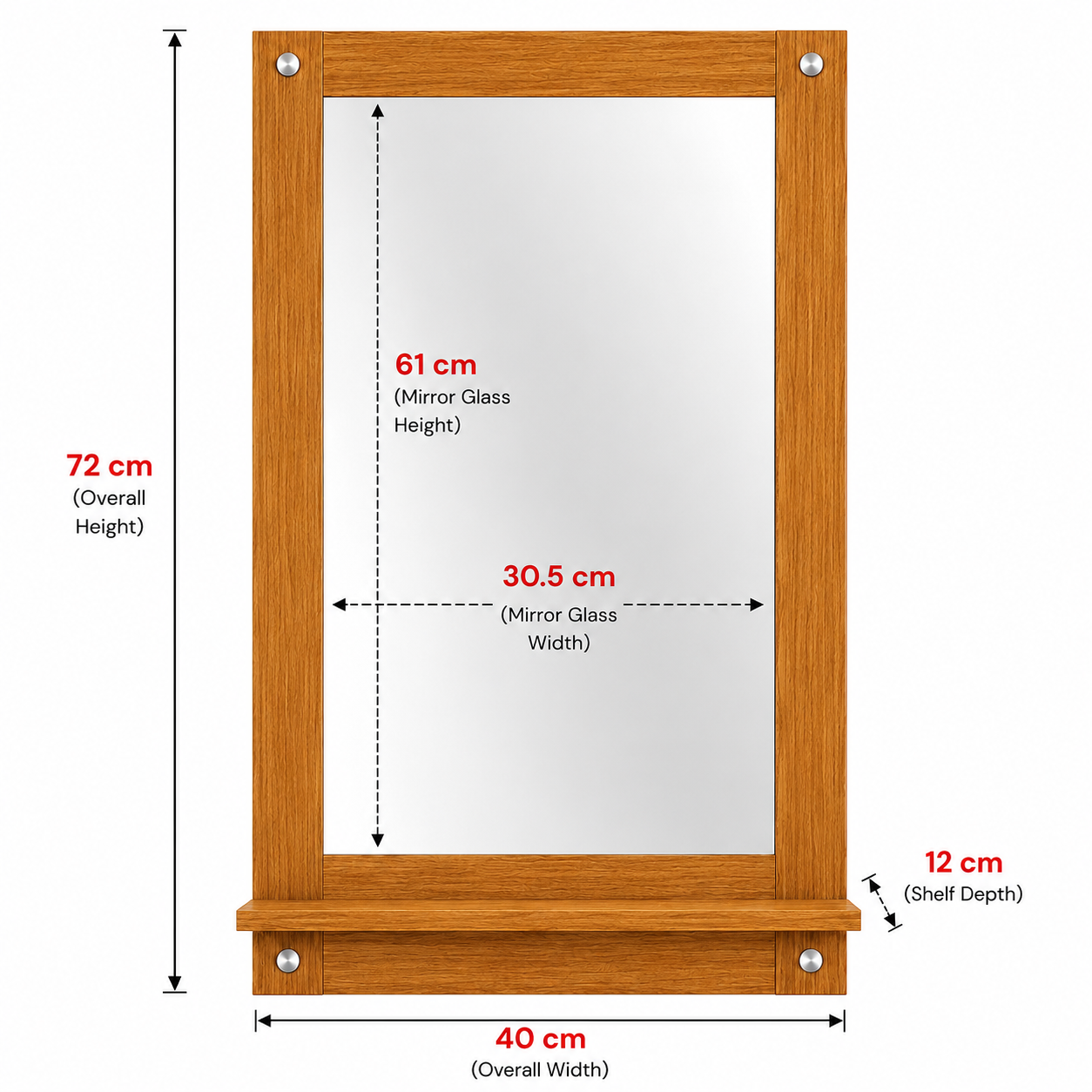 PEDPIX Wall Mounted Dressing Mirror with Storage Shelf | Wooden Bathroom & Bedroom Vanity Mirror | Engineered Wood | 72 x 40 cm
