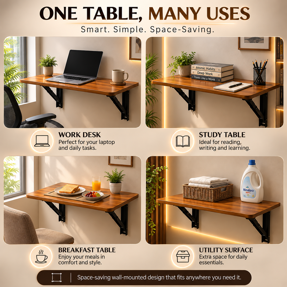 PEDPIX Wall Mounted Folding Table 80 × 40 cm – Teak | Space-Saving Foldable Wall Desk