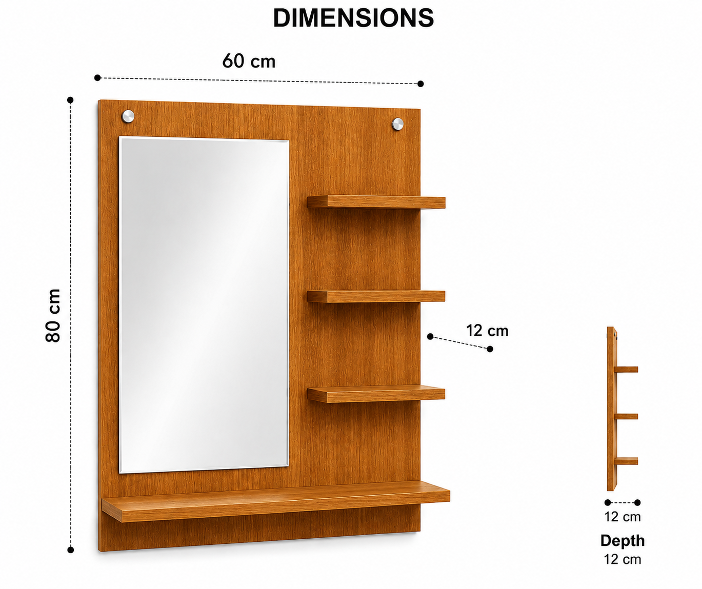 PEDPIX Wall-Mounted Dressing Mirror with Storage Shelves | 80 × 60 cm Space-Saving Vanity Mirror | Engineered Wood | Bedroom & Dressing Room Organizer