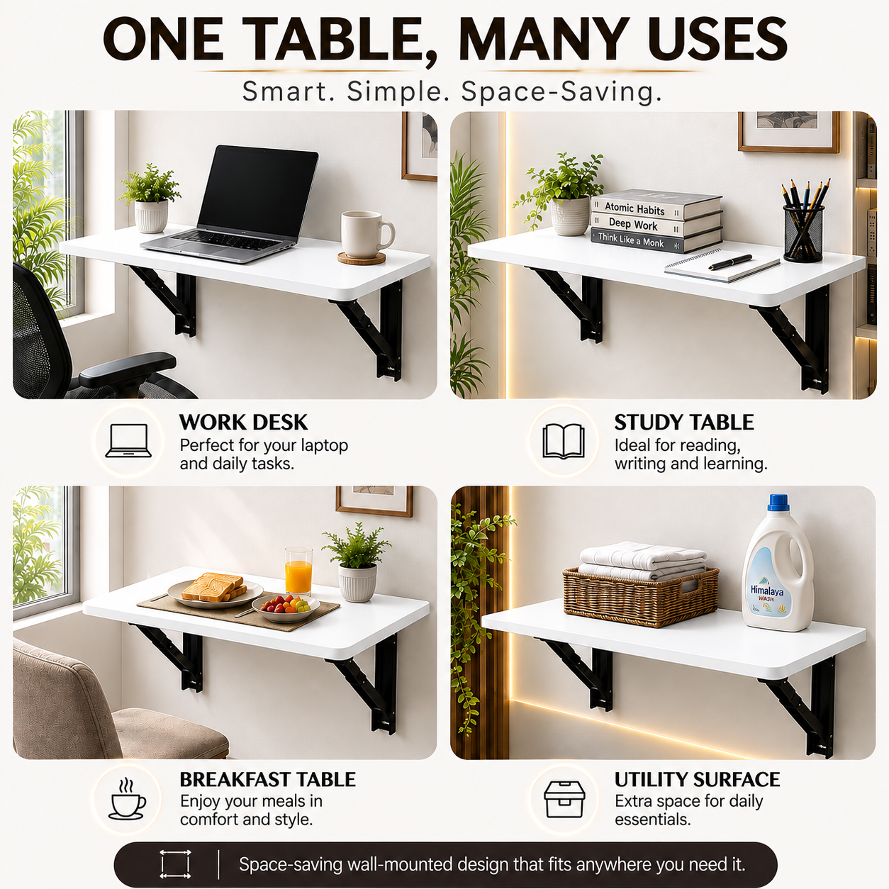 PEDPIX Wall Mounted Folding Table 80 × 40 cm – White | Foldable Space-Saving Wall Desk